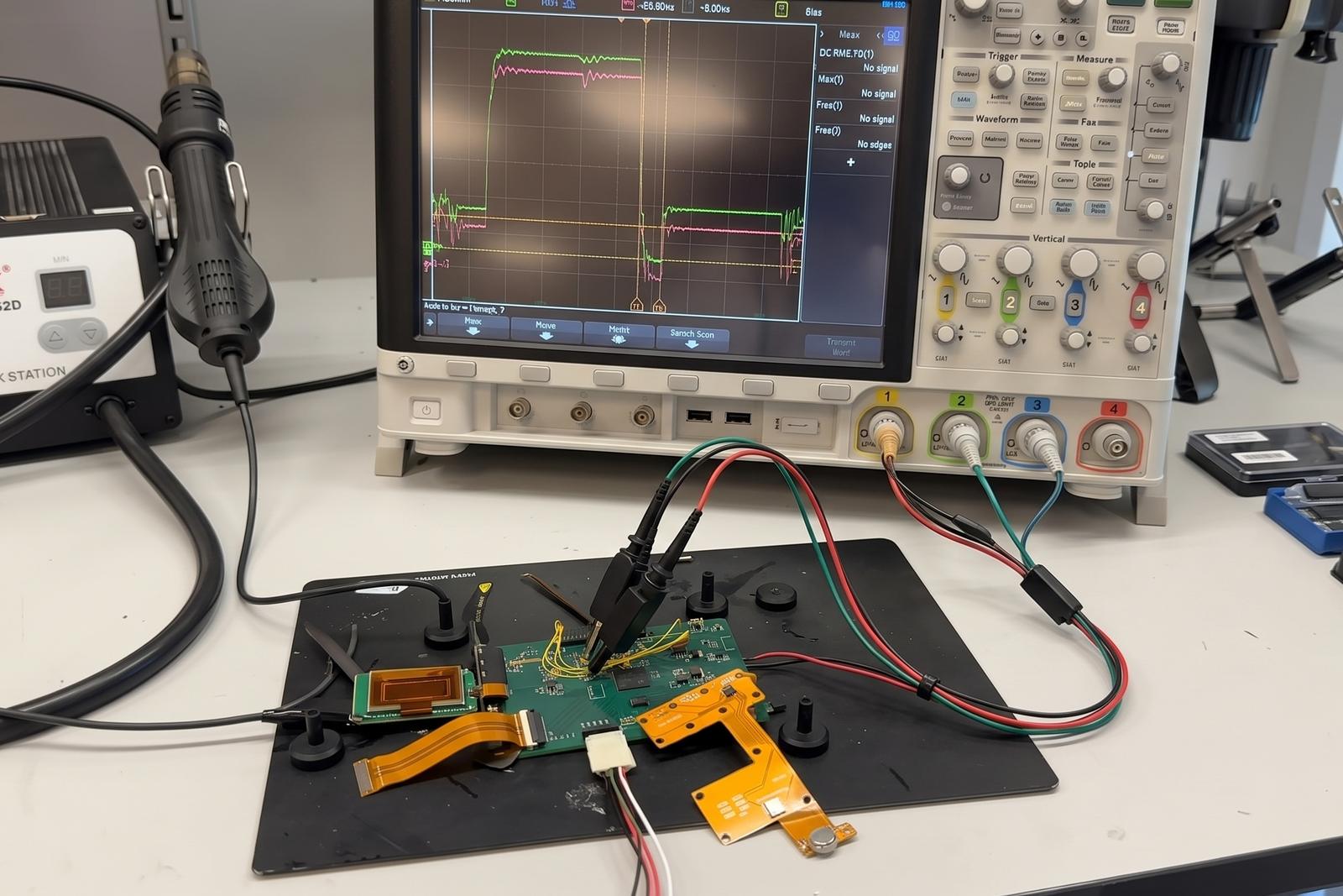 A board under test on the bench, probed and connected to an oscilloscope
