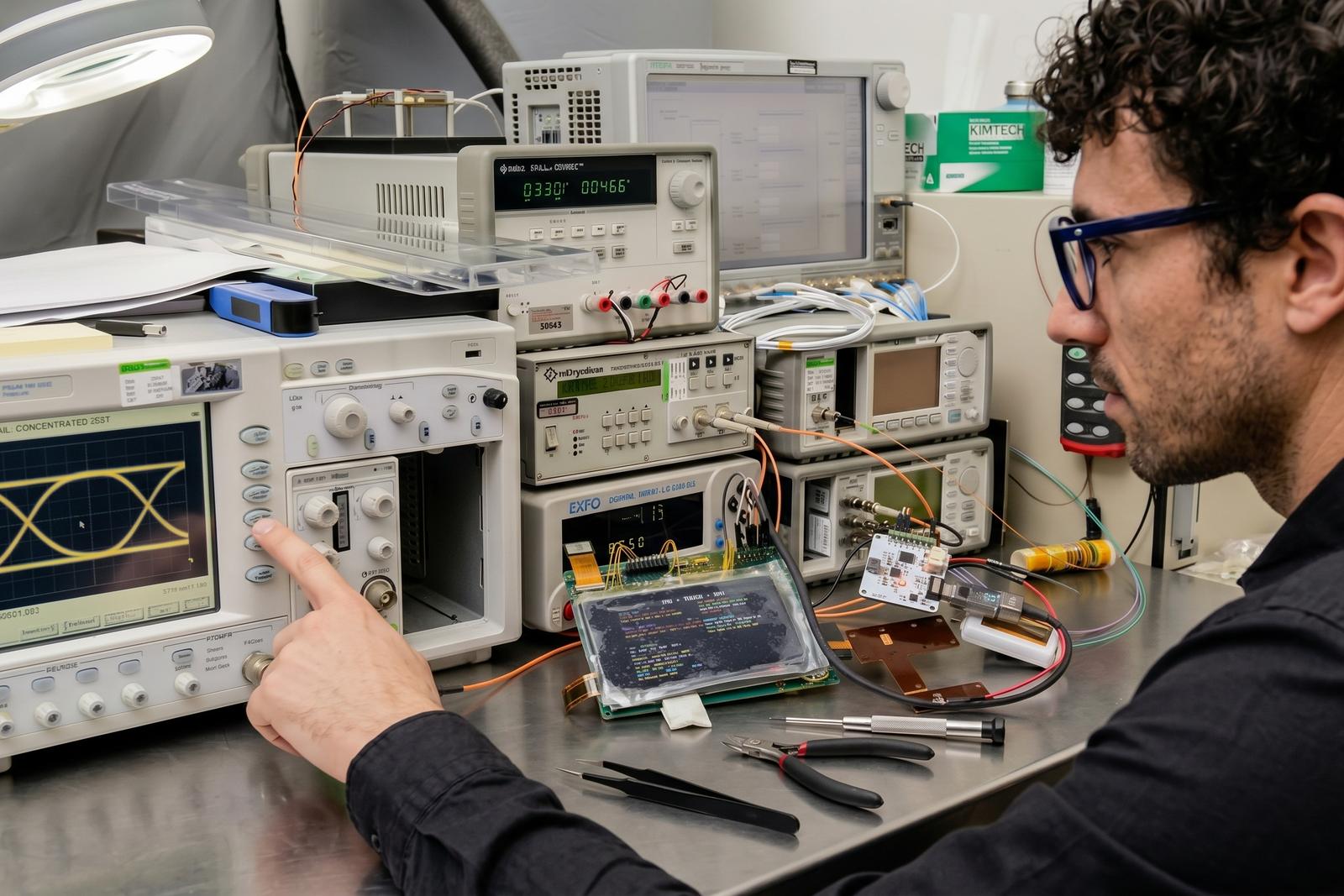 An engineer at the test bench pointing to an open eye diagram on the oscilloscope